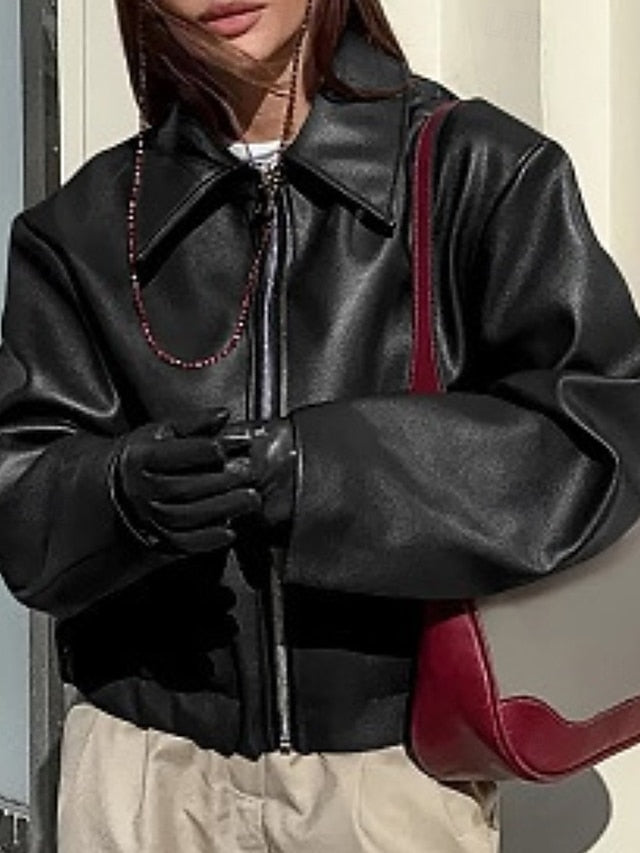 Comfortable Jacket Zipper Women's Faux Warm Pocket Leather