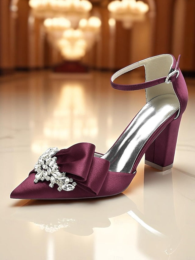 Heel with Satin Women's and Bow Block Crystal Pumps