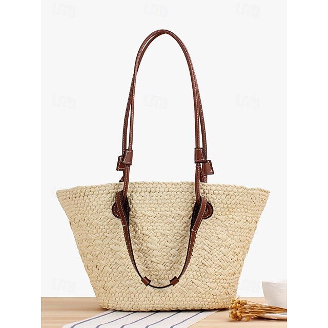 Straw Large Women's Leather Tote Straps Chic Boho with Bag