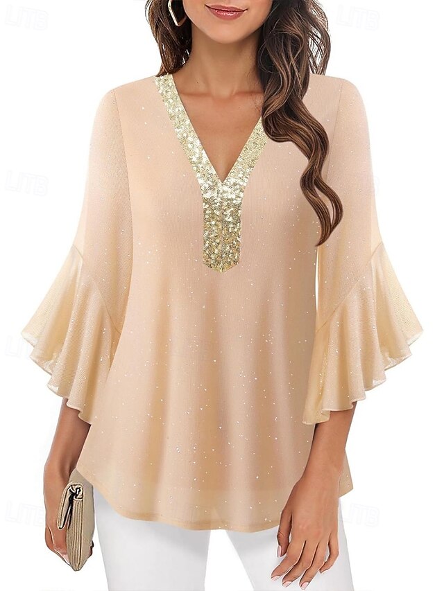 Women's Blouse Sequin Tops Patchwork Color Block Stylish