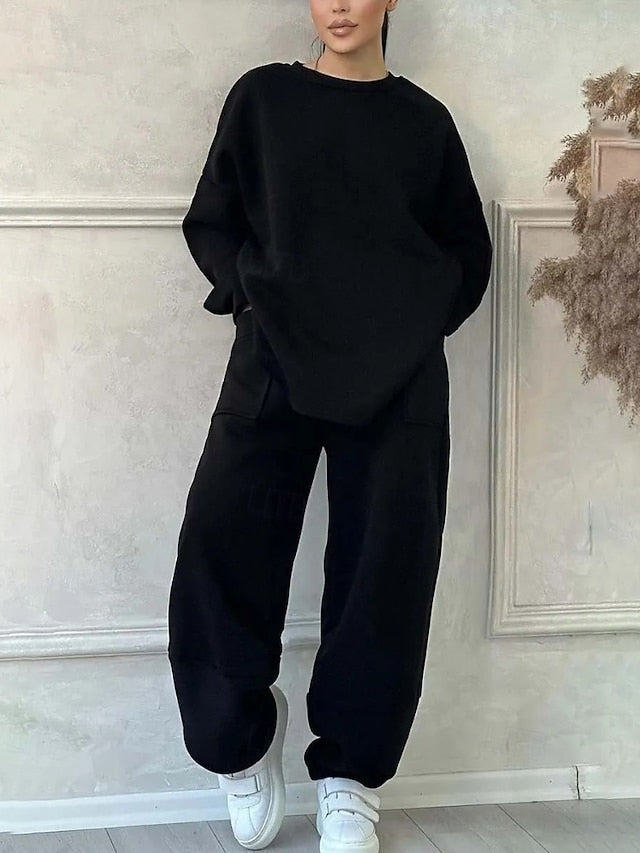 Women's Blouse Pants Sets Long Sleeve Crew Neck Solid Color