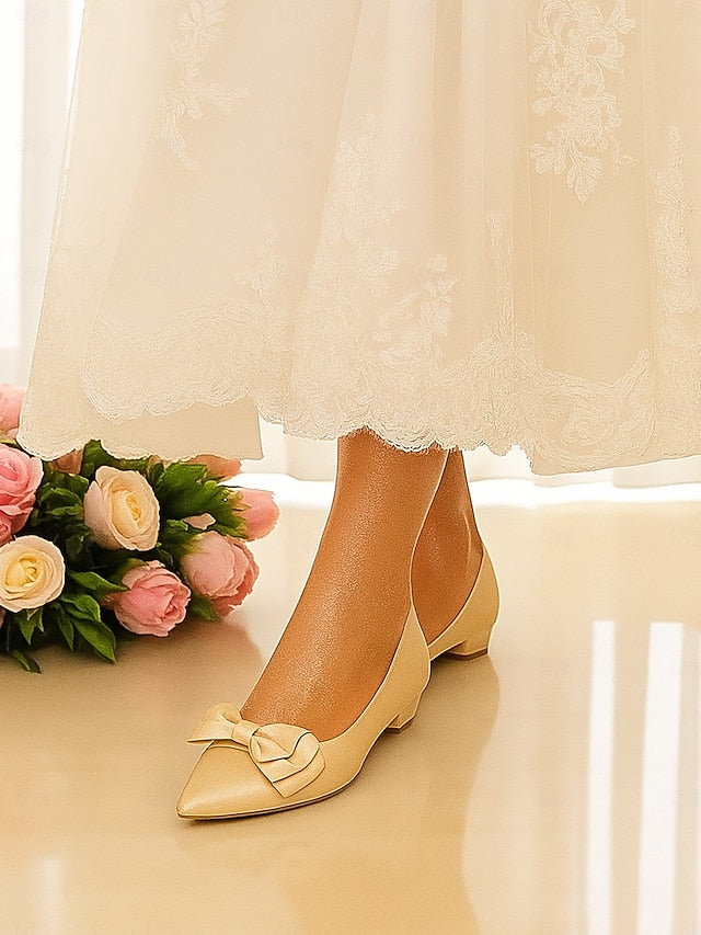 Green Elegant Flats - Satin Women's Pointed Toe Bow