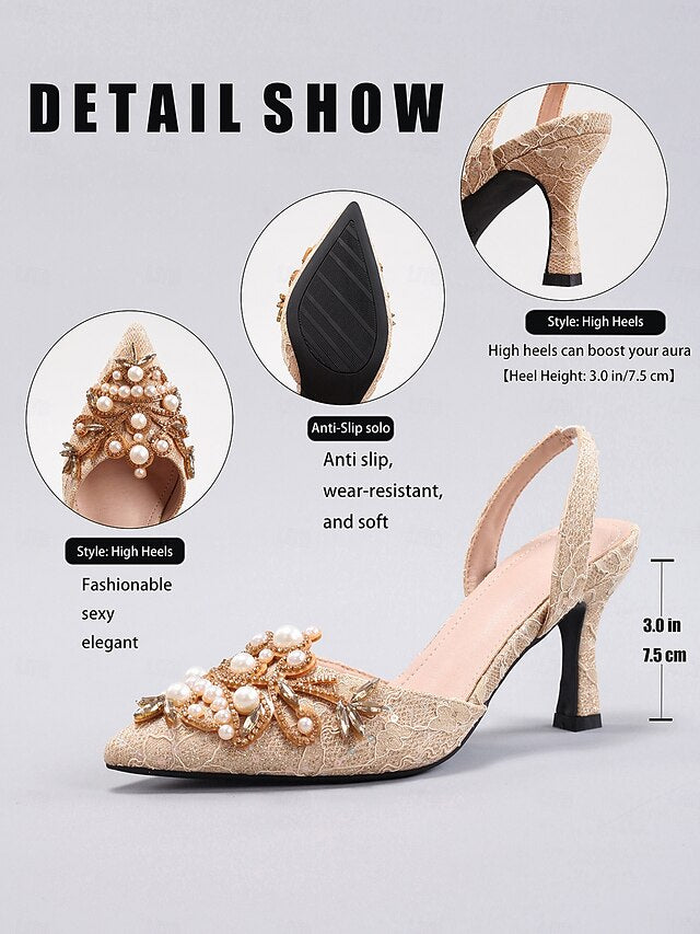 Heels Women's Satin Pearl Black with - Detailing Slingback