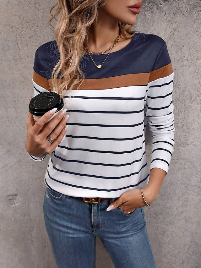 Women's T shirt Crew Neck Long Sleeve Tunic Color Block