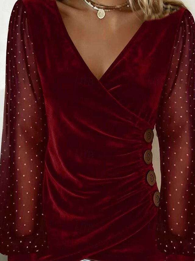 Women's Velvet Blouse Ruched Patchwork Buttons Solid Color