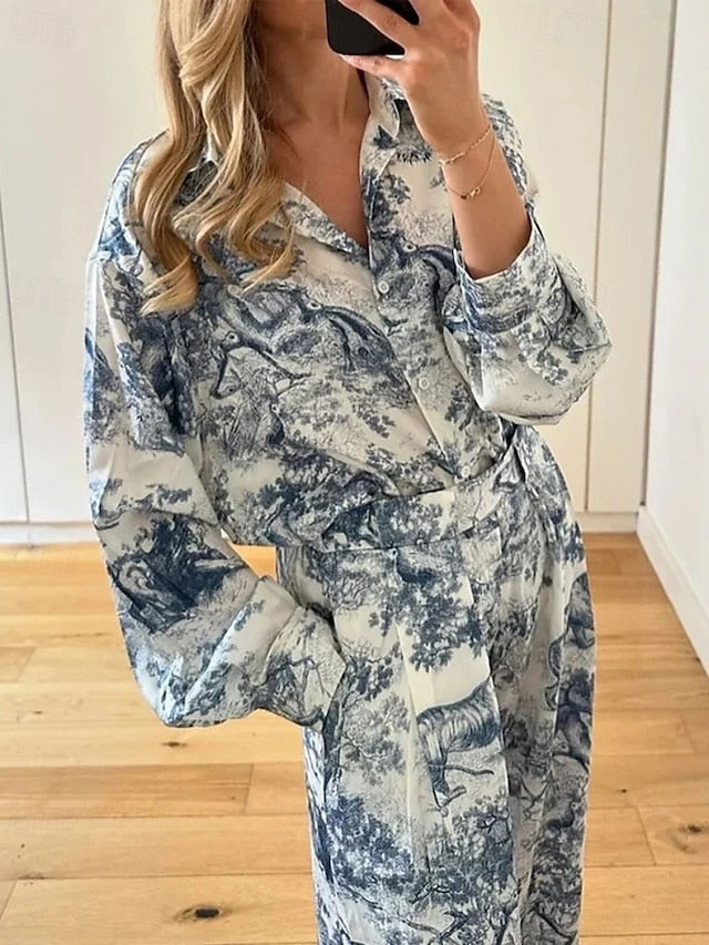Women's Shirt Blouse Pants Sets Long Sleeve Shirt Collar