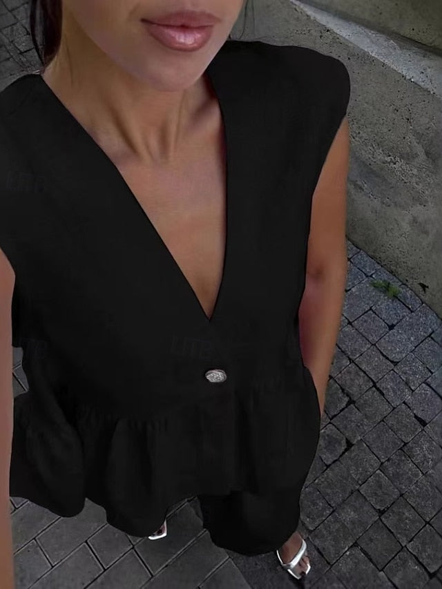 Women's Cotton Linen Sets Blouse Vest Sleeveless V Neck