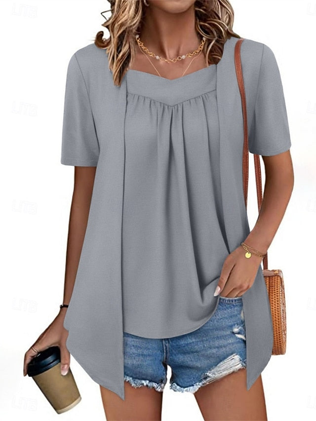 Women's T Shirt Tee Top Ruched Fake two piece Plain Fashion