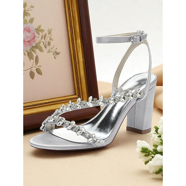 Heel Block White with Women's - Sandals Rhinestone Straps