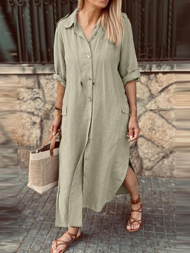 Women's ArmyGreen White khaki Spring Fall Maxi Dress Cotton