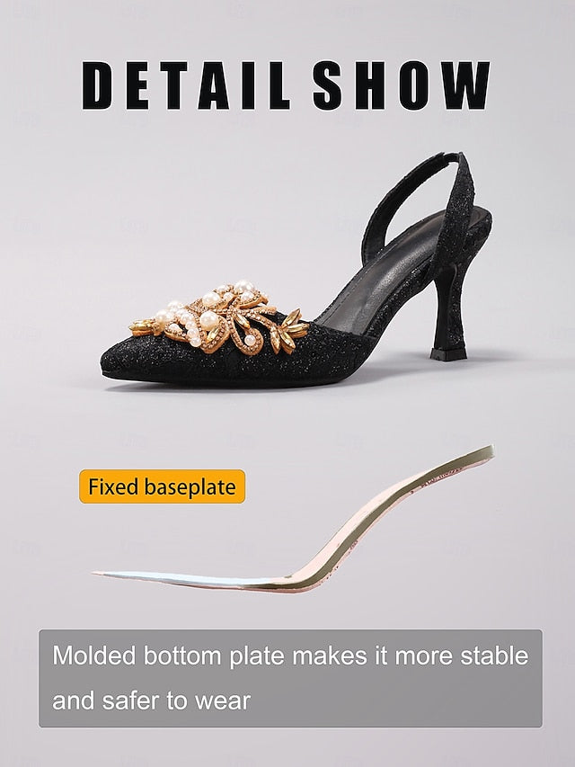 Heels - Slingback with Pearl Women's Detailing Satin Black
