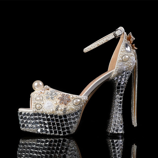 and Embellished Rhinestone Pearl White Platform Women's