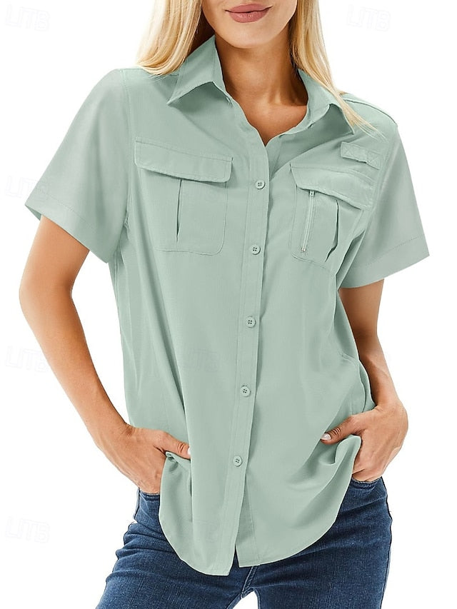 Women's Shirt Blouse Pocket Buttons Plain Casual Short