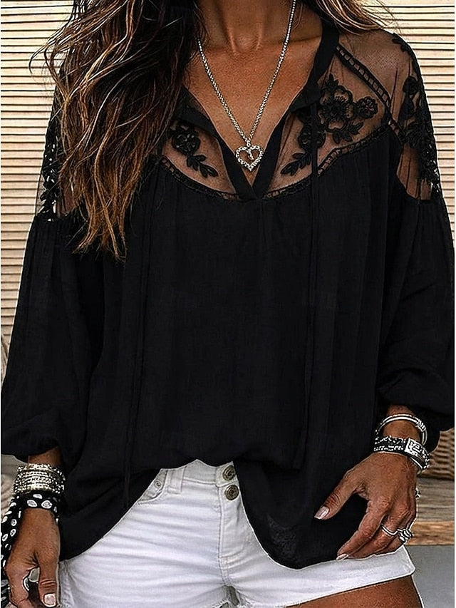 Women's Shirt Blouse Lace Tops Ruched Lace Plain Stylish