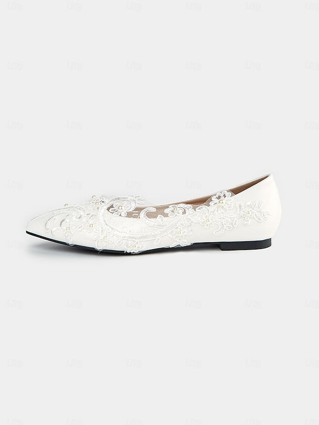 and Wedding Lace Floral White Design Appliqué Shoes with Mesh