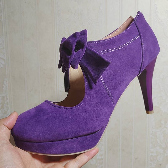 Platform Bow Pumps Heel – Suede High Vintage Red Women's