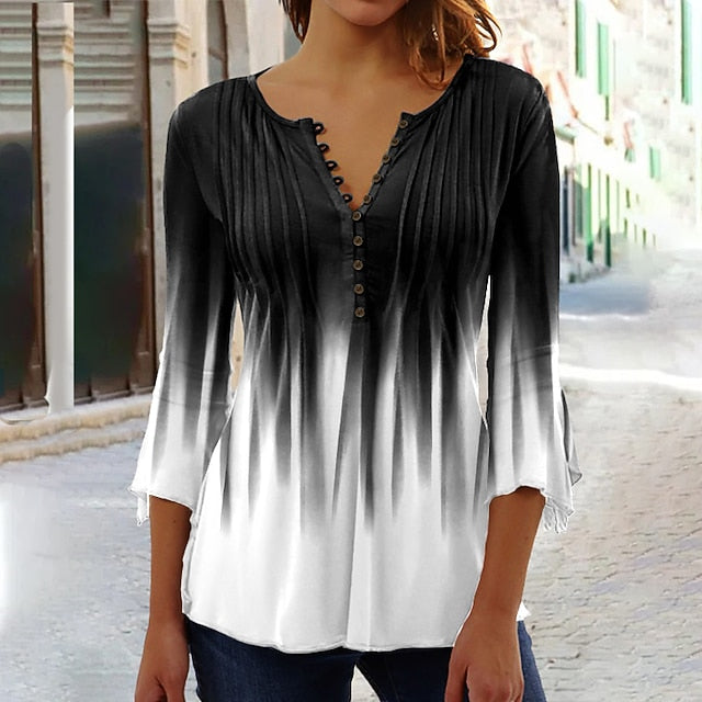 Women's T Shirt Henley Blouse Basic Buttons Print 3/4