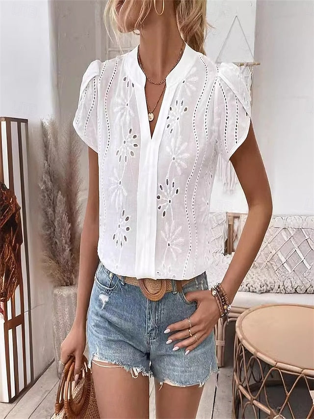 Women's Shirt Pointelle Shirt Eyelet Top Blouse Embroidered