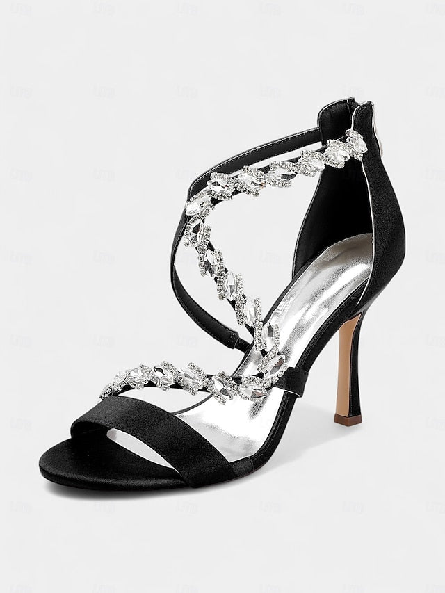 Strappy Sandals Heel Women's White Rhinestone - High