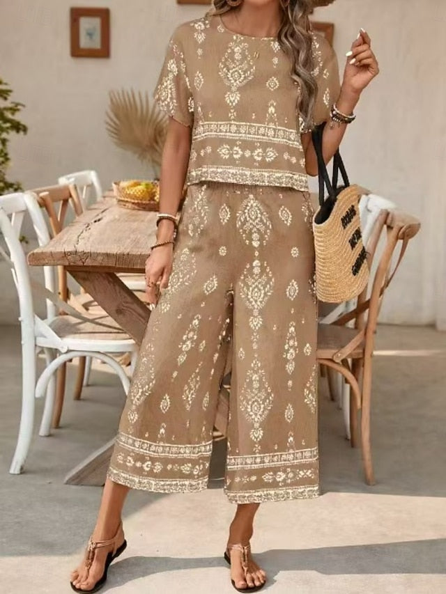 Women's Pants Sets Short Sleeve Round Neck Floral Graphic