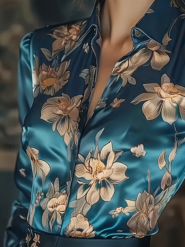 Women's Shirt Elegant Satin Top Blouse Buttons Print Floral