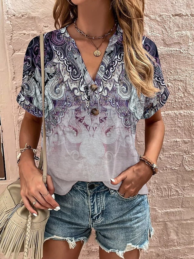 Women's T Shirt Tee Top Buttons Print Ombre Floral Graphic