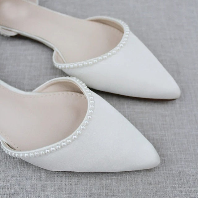 with Toe White Women's Shoes Flat Pearl-Embellished Pointed
