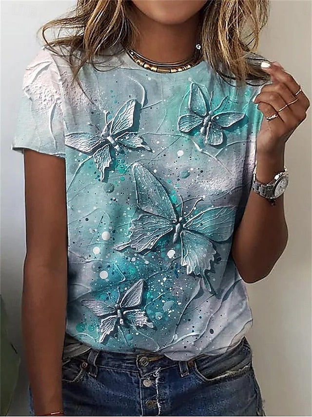 Women's T Shirt Butterfly Fashion Modern Short Sleeve Crew