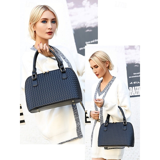 Faux Set Handbag Brown Women's Woven 3-Piece Leather –