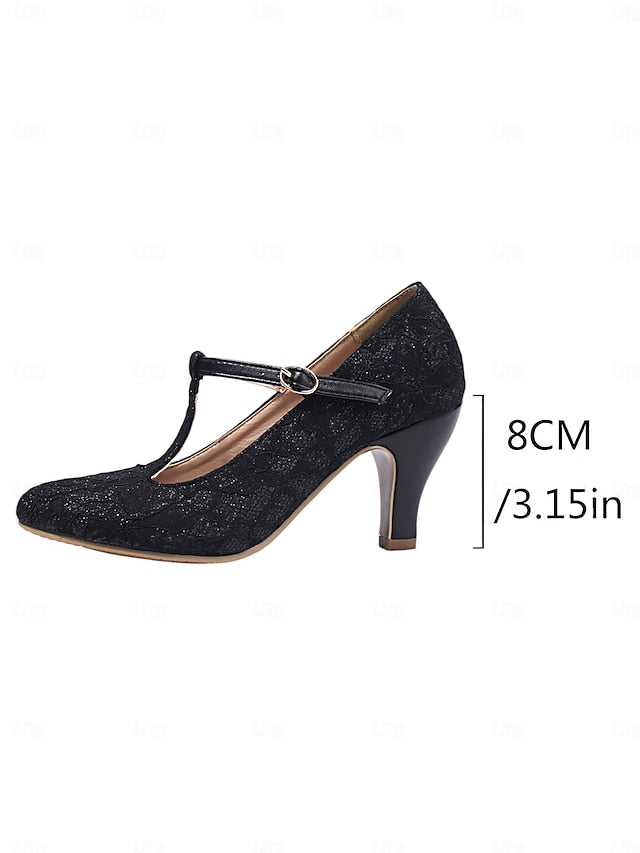 Women's Pumps-1920s T-Strap Mid Ivory Heel Vintage Lace
