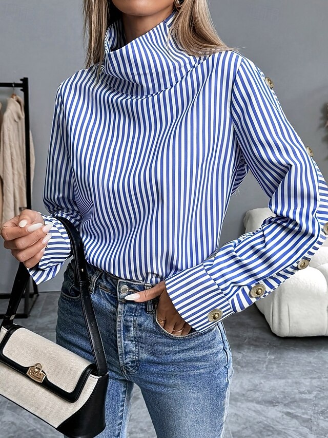Women's Shirt Blouse Buttons Striped Stylish Long Sleeve