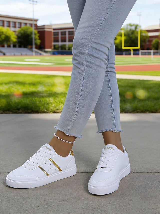 Women's White Lace-up Sneakers with Gold Detailing –