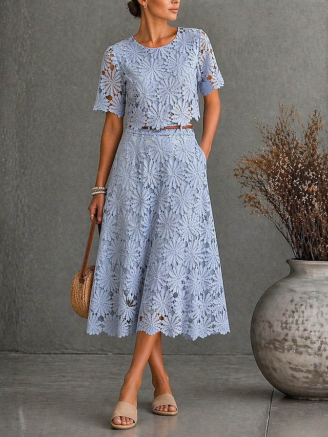 Women's Skirt Sets Short Sleeve Crew Neck Round Neck Floral