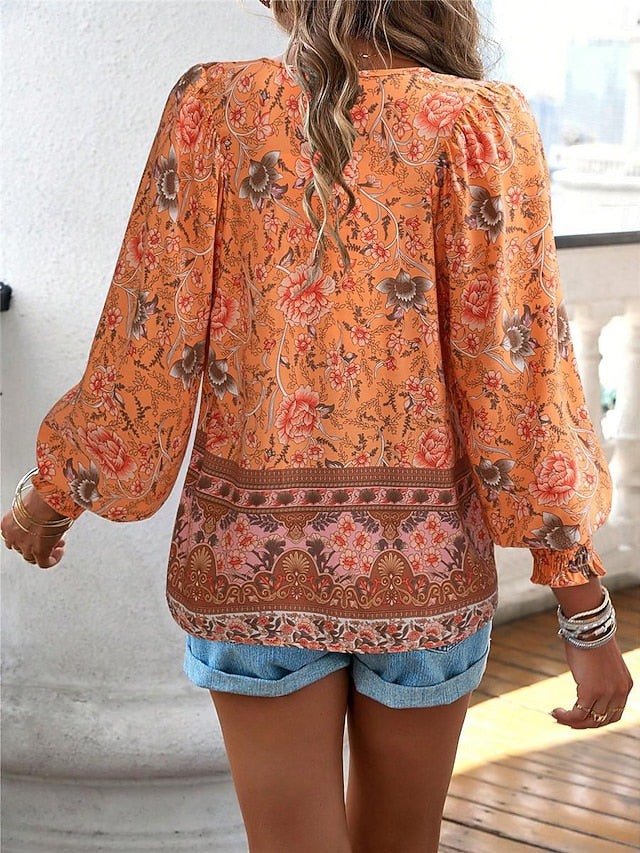 Women's Shirt Blouse Casual Boho Floral Lace up Print Long