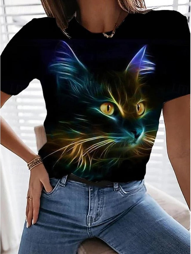 Women's T Shirt Casual Cat Print Short Sleeve Regular Tops