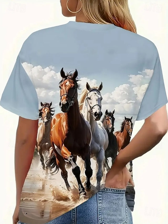 Women's T Shirt Print Graphic Animal Horse Vintage Stylish