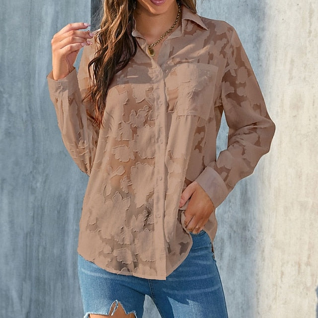 Women's Shirt Blouse Chiffon Tops Pocket 3D Print Buttons