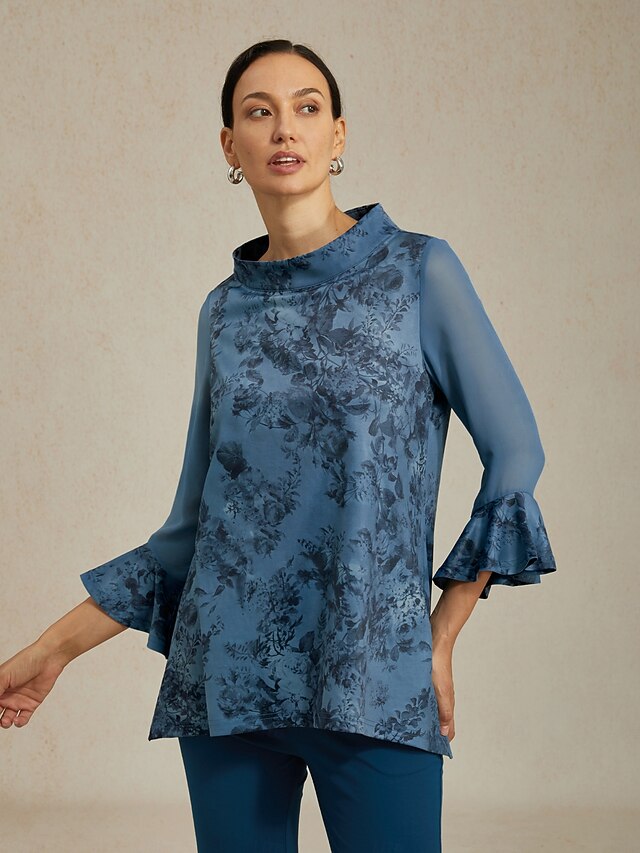 Women's Blouse Gray Blue Floral Stand Collar Sheer Panel