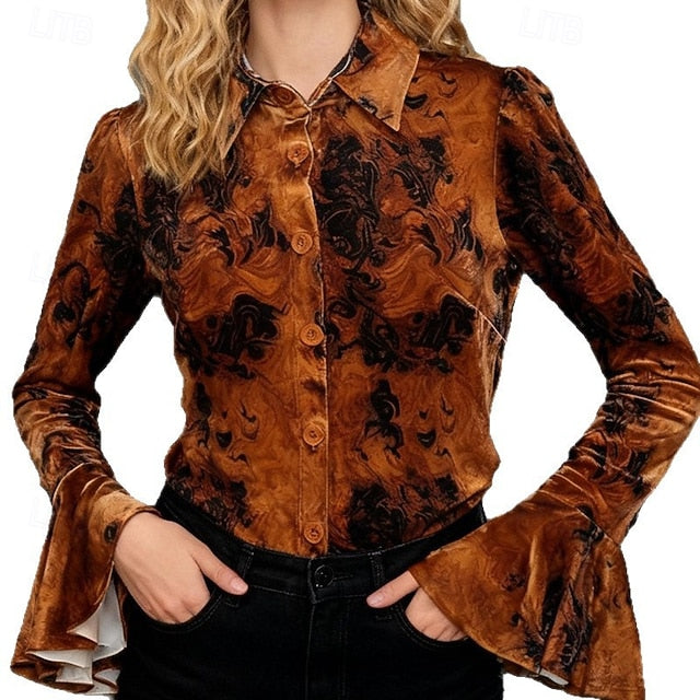 Women's Blouse Dressy Tops Ruched Patchwork Buttons Graphic