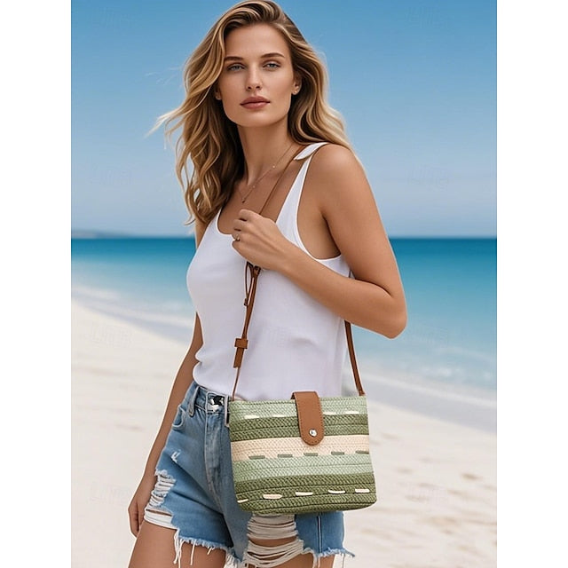 Woven with Women's Colorblock Straw Striped Brown Tote Bag