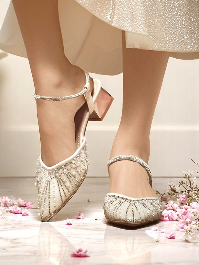 and Block Toe Pointed Women's Pearl Heels with Ivory