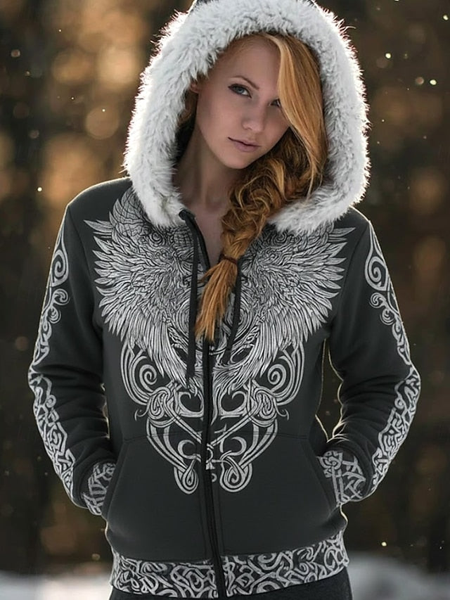 Women's Viking Zip Up Hoodies Graphic Animal Western Ethnic