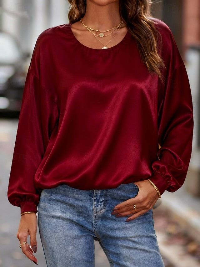 Women's Blouse Satin Shirt Solid Color Elegant Stylish