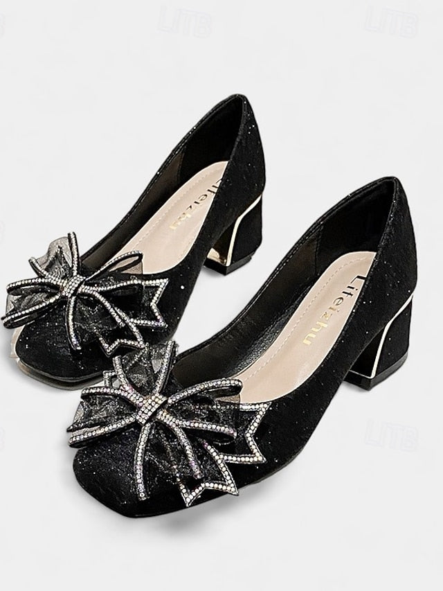 Women's Decoration - Bow Pumps Glitter Gold Block Heel with