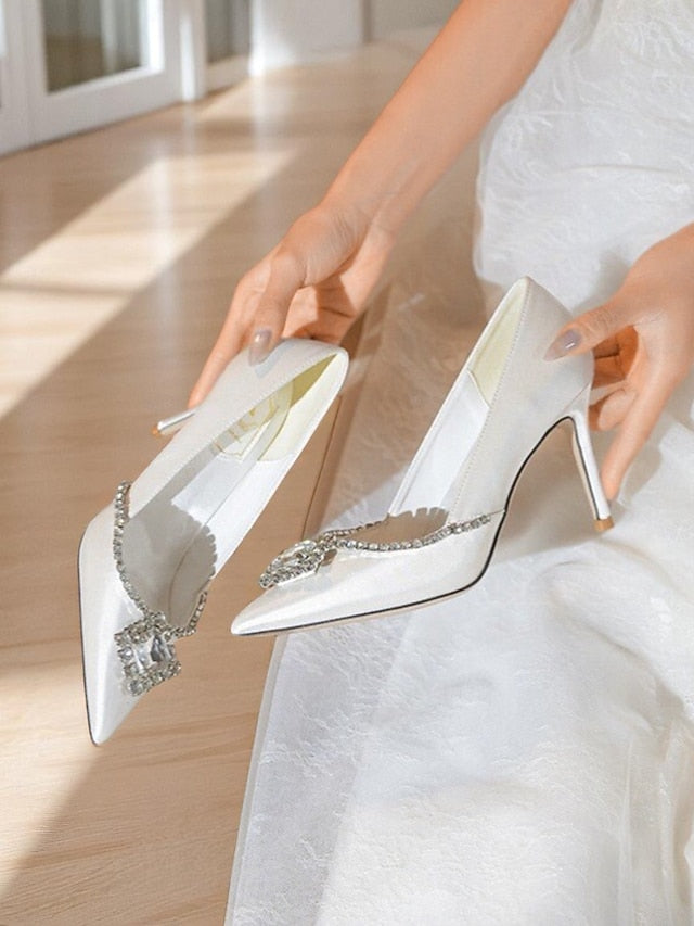 Satin with Toe Women's Crystal Wedding Pointed Heels White