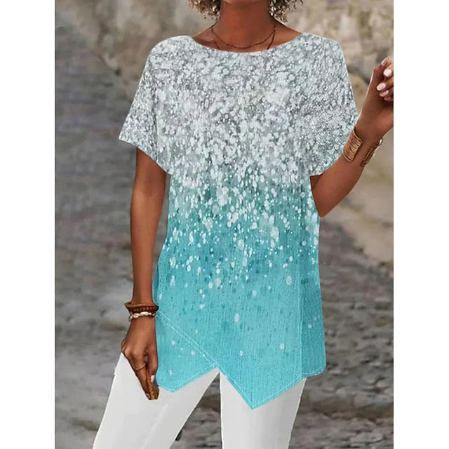 Women's Shirt Asymmetrical Hem Basic Abstract Print Short
