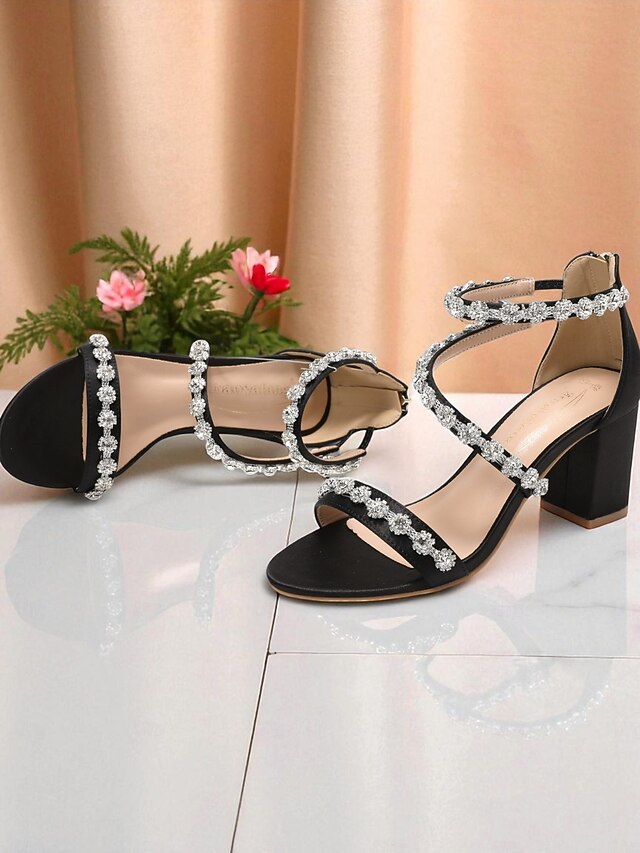 Heel Block - Open Rhinestone White Elegant Women's Sandals