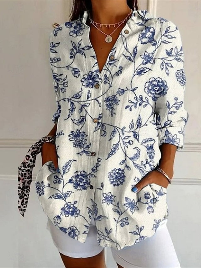 Women's Shirt Button Up Blouse Faux Cotton Linen Buttons