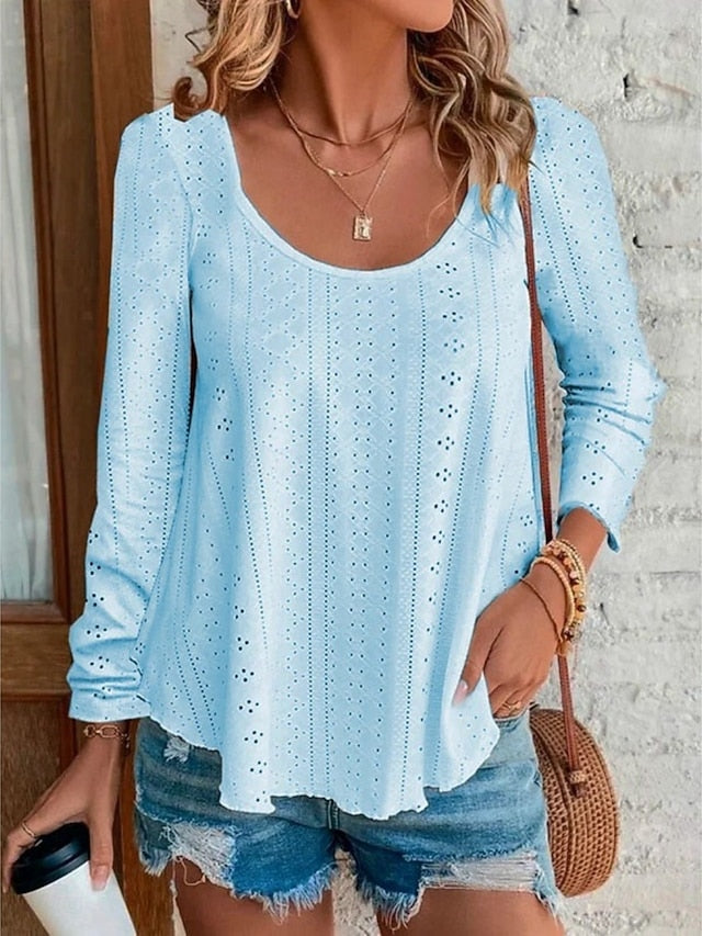 Women's Blouse Eyelet top Long Sleeve Tops Hollow Out Plain