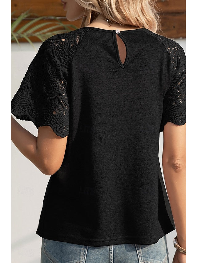 Women's Blouse Lace Tops Lace Plain Casual Short Sleeve